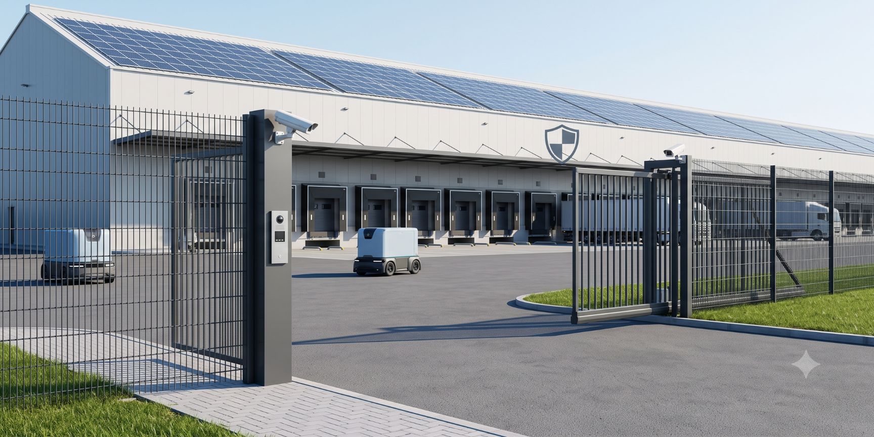 Modernes Solitär-Warehouse mit TAPA-Sicherheitsstandard, PV-Anlage auf dem Dach und autonomem Lkw am Tor für effiziente Kontraktlogistik.
